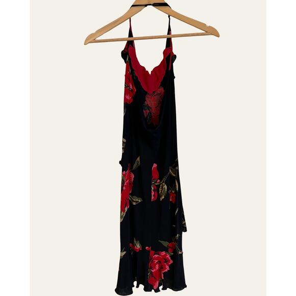 Vintage Bebe 2000s Black Red Floral Halter Dress | Size Small | Date-Night Y2K - Picture 1 of 7
